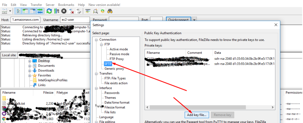 filezilla sftp linux ec2