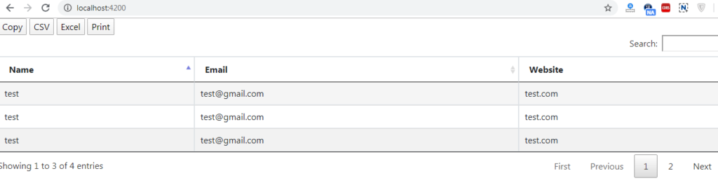 Angular datatable with print csv excel copy buttons