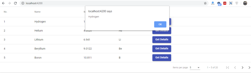 Angular material data table with custom button click event functionality open alert with row data