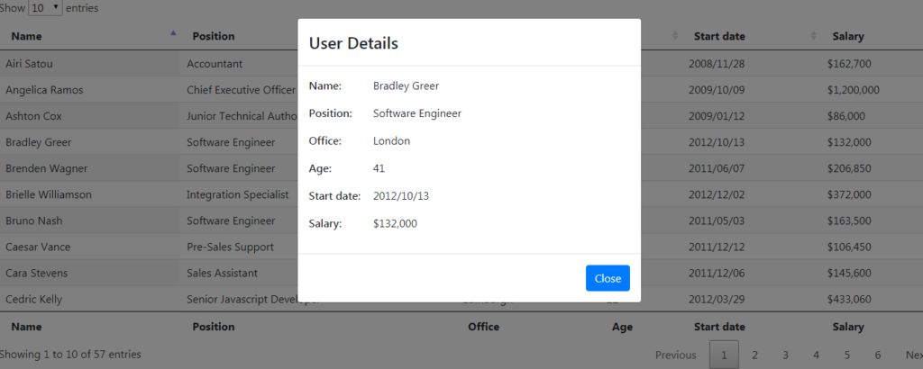 Open bootstrap modal pop on datatable row click event