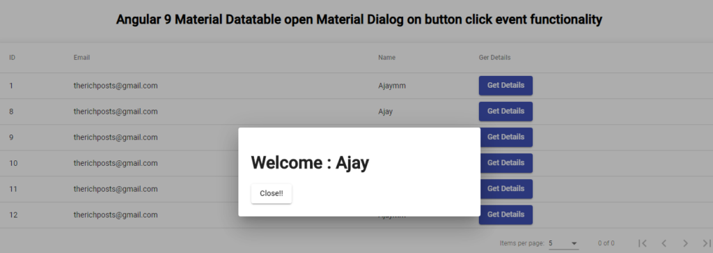 Angular 9 Material Datatable open Material Dialog on button click event functionality