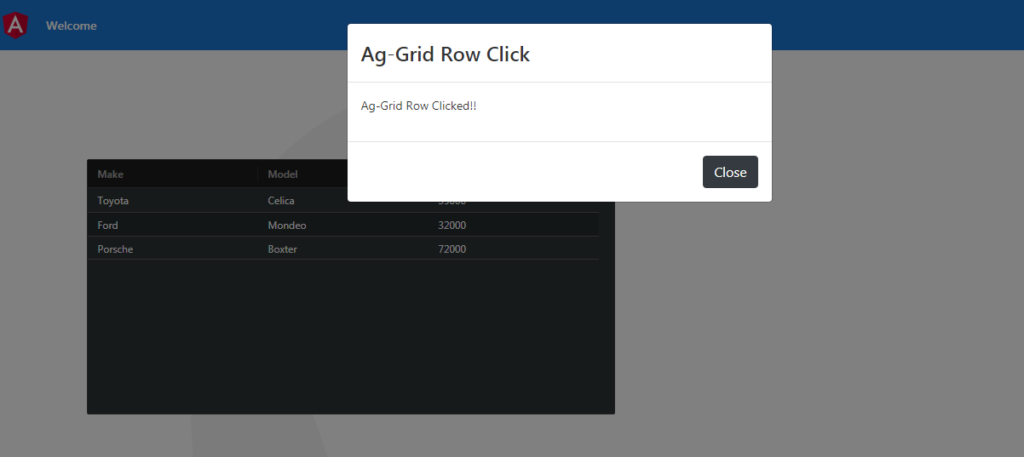 Angular 9 10 ag Grid open bootstrap modal on rowclick