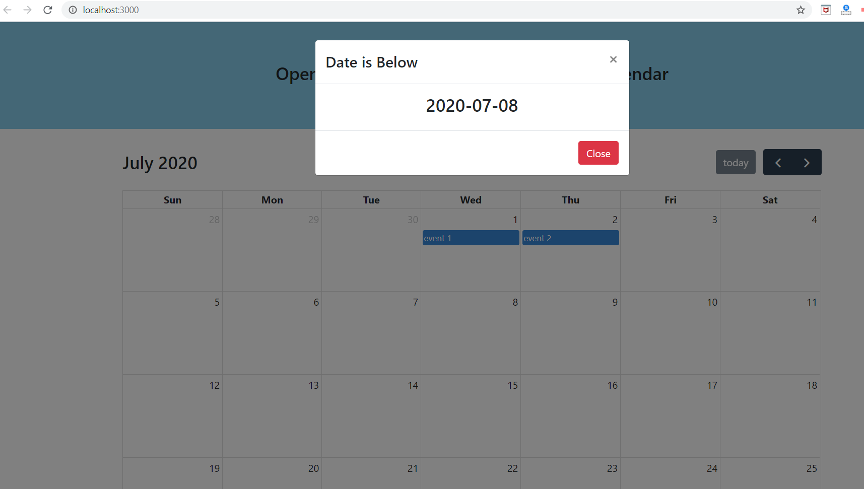 How to open bootstrap modal popup on dayclick fullcalendar into reactjs application?