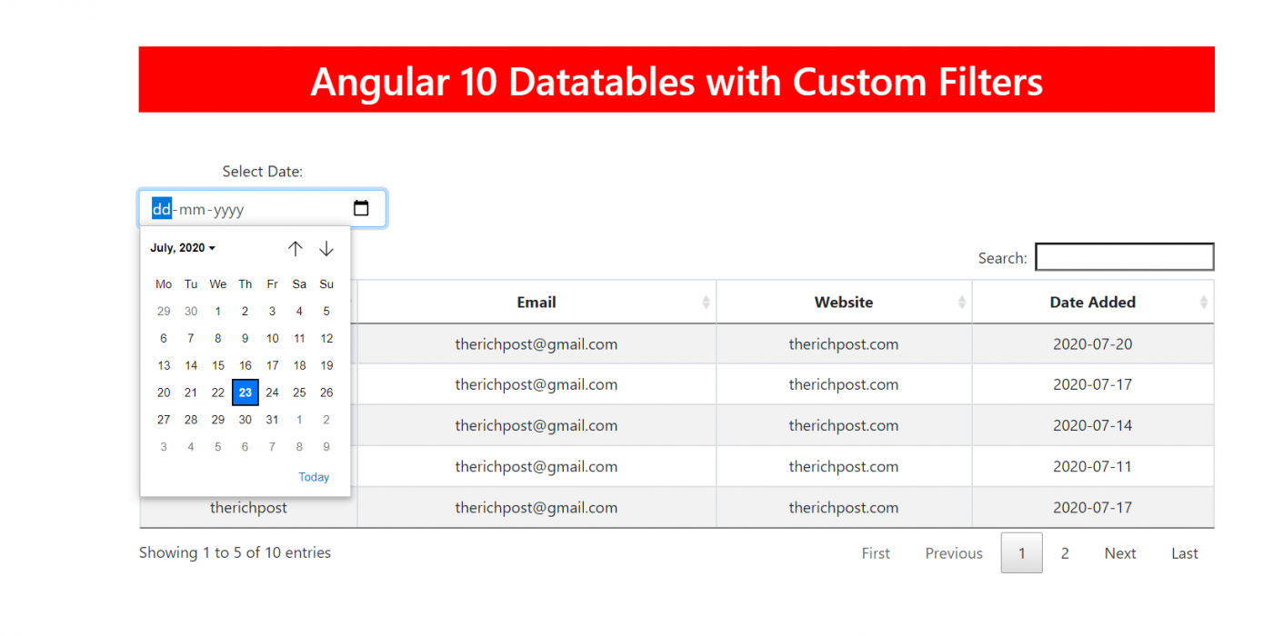 angular 10 datatable with datepicker filter