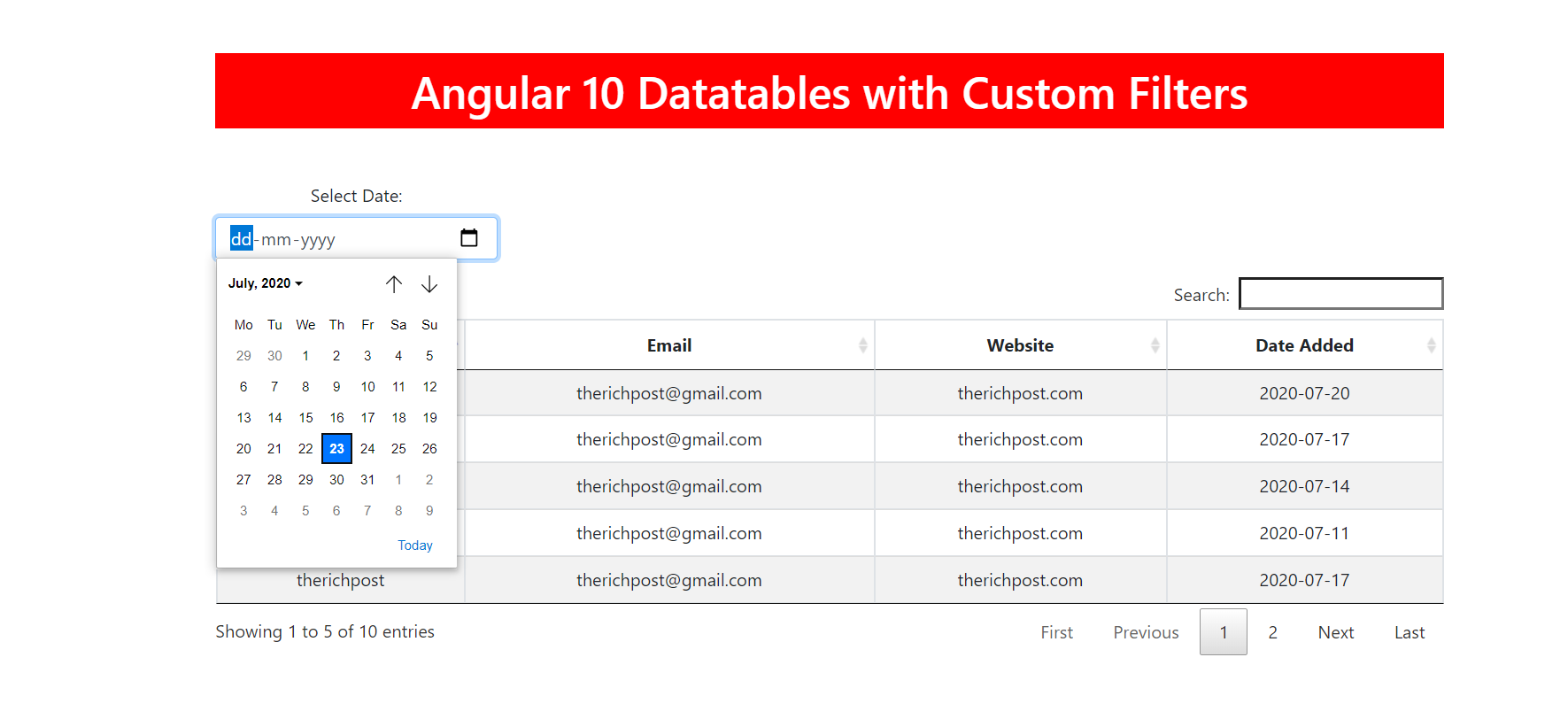 angular 10 datatable with datepicker filter