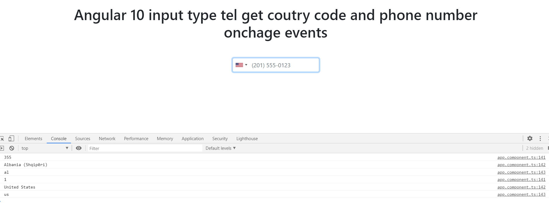 angular 10 input type tel get country details on change event