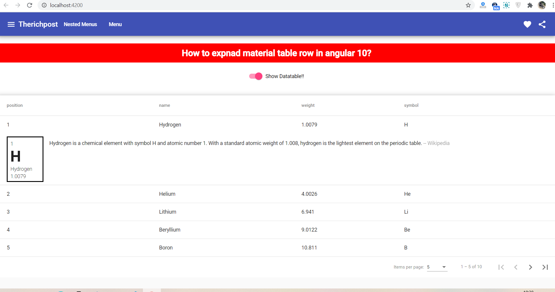 How to expand angular 10 material table row?