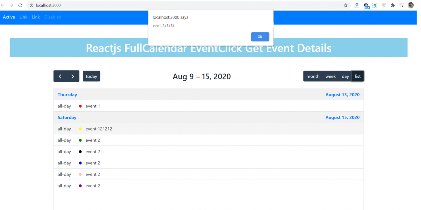 How to get event details on event click fullcalendar in reactjs?