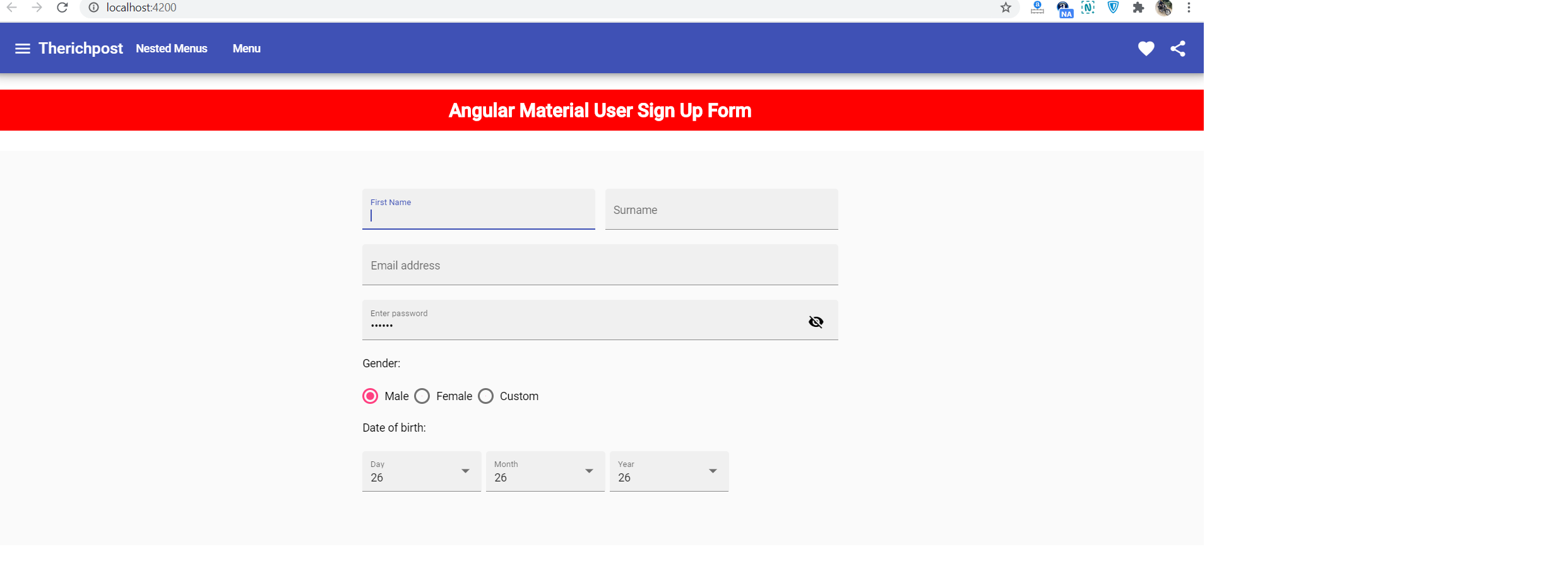 How to make user registration form with angular material