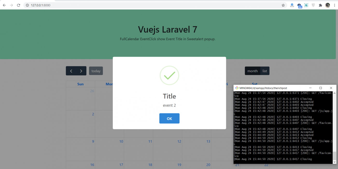 How to open sweetalert popup with event title on event click fullcalendar in vue laravel 7?