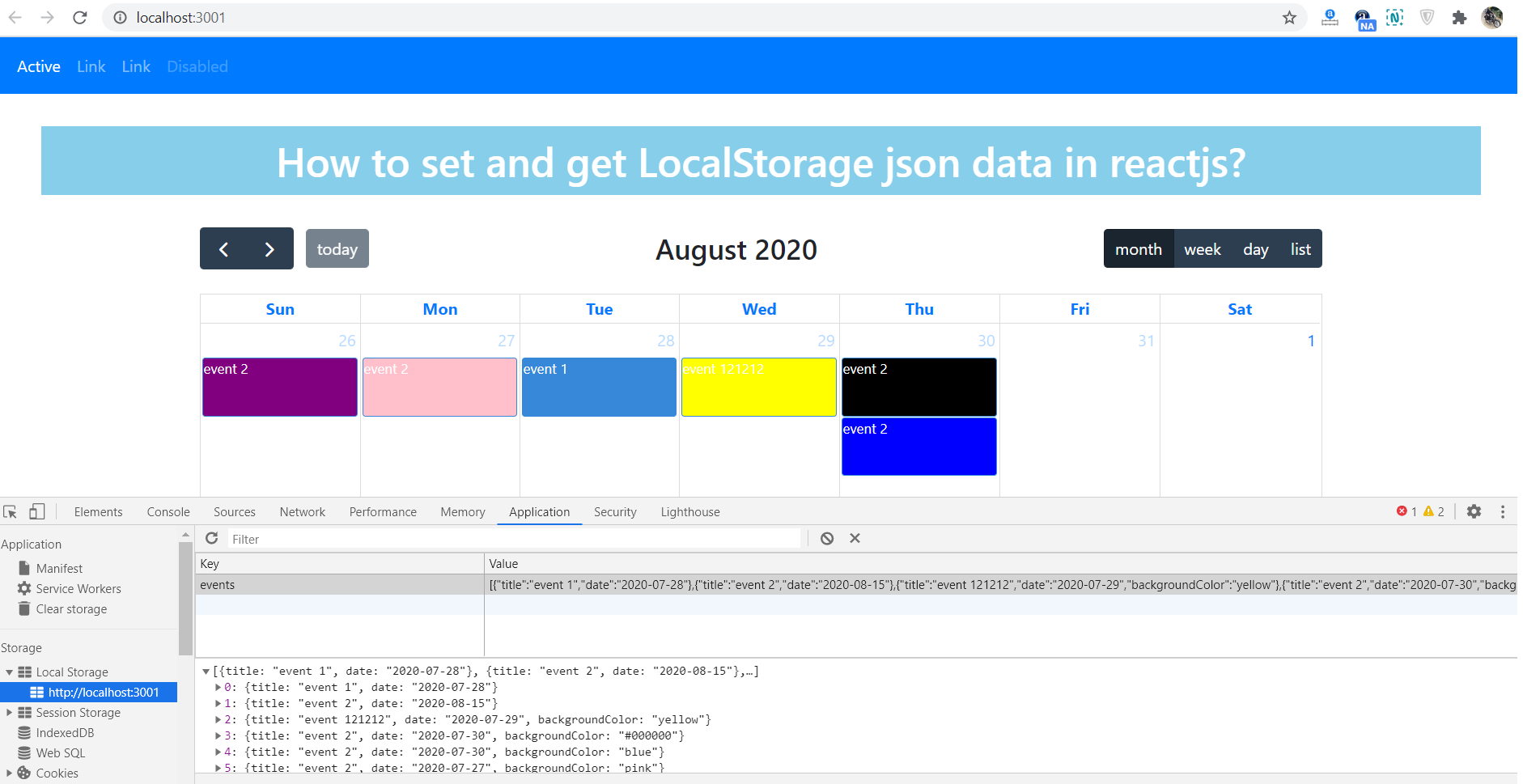 How to set and get LocalStorage json data in reactjs?