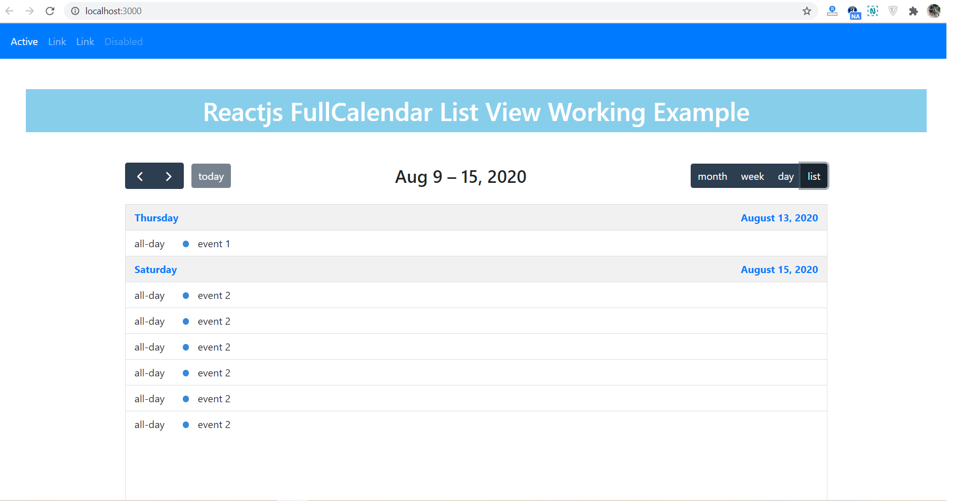 Reactjs FullCalendar List View Working Example