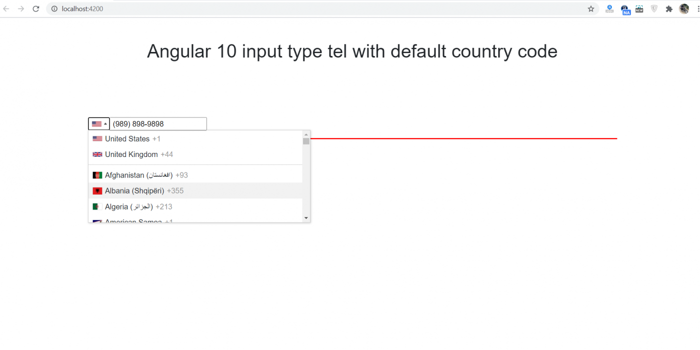 Angular 10 input type tel with default country code