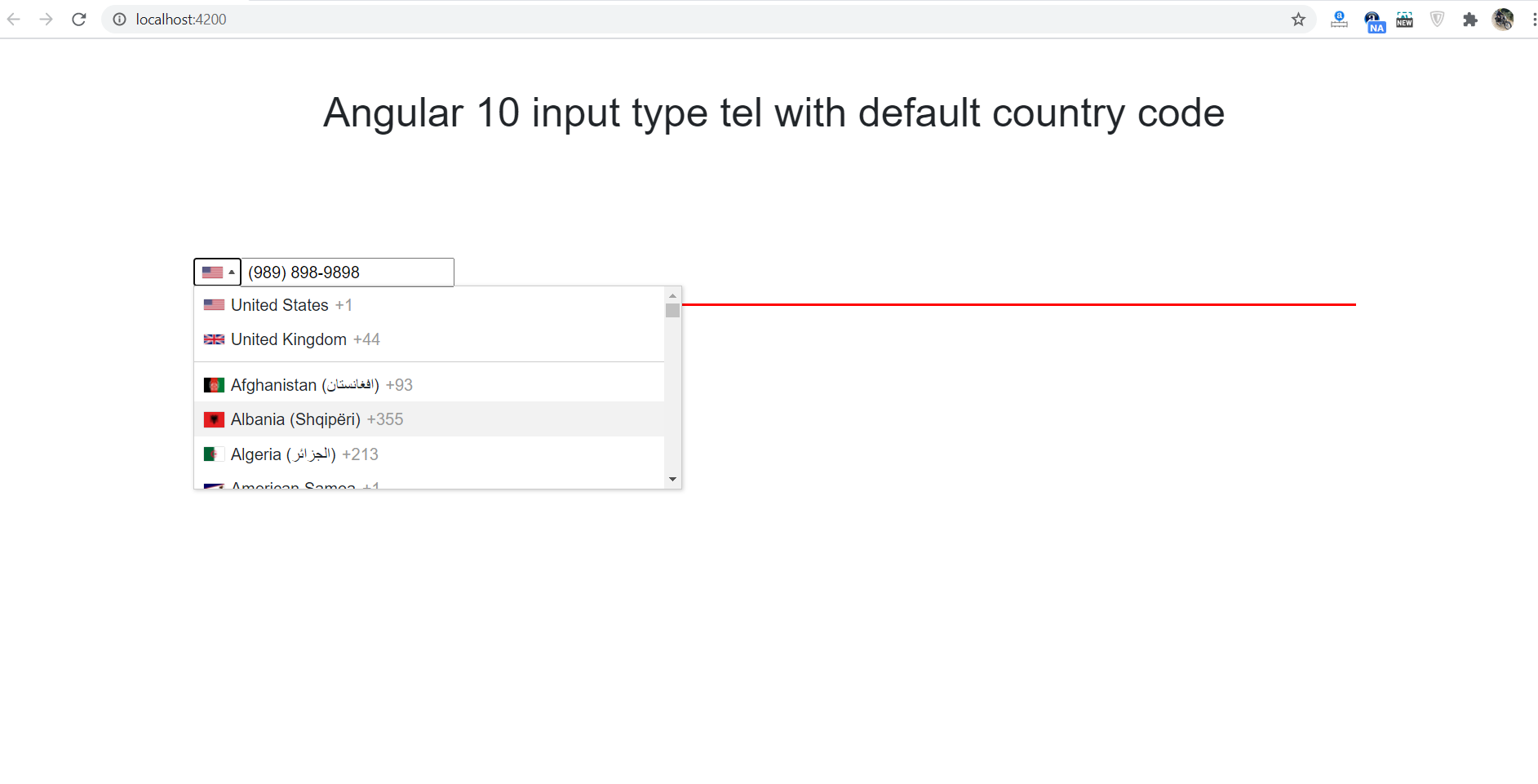 Angular 10 input type tel with default country code