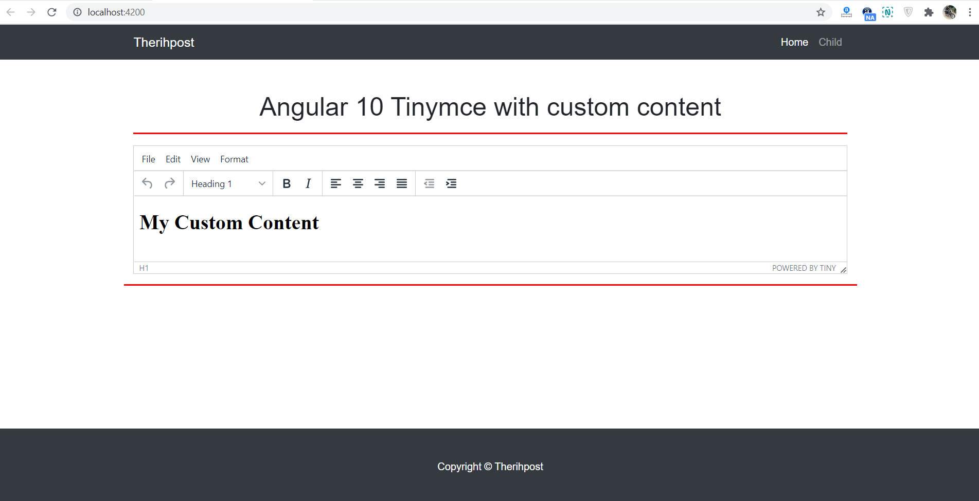 Angular 10 tinymce with custom content