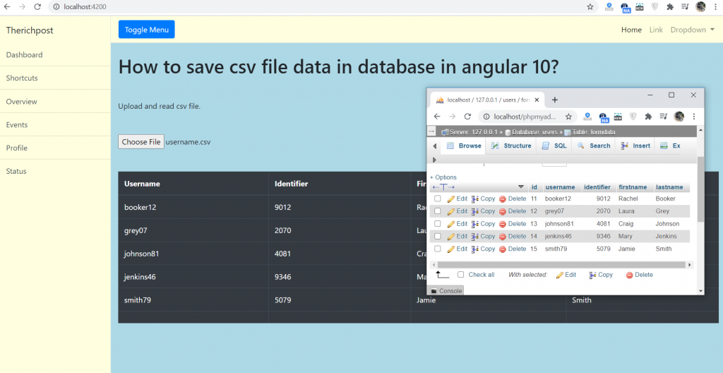 How to save csv file data in database in angular 10?