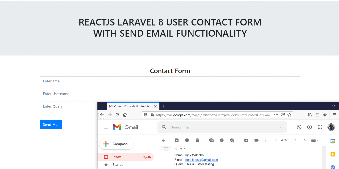 Reactjs Laravel 8 User Contact Form with Send Email Functionality