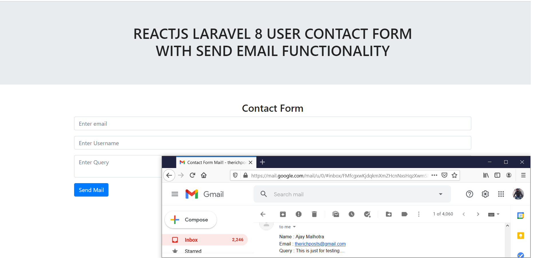 Reactjs Laravel 8 User Contact Form with Send Email Functionality