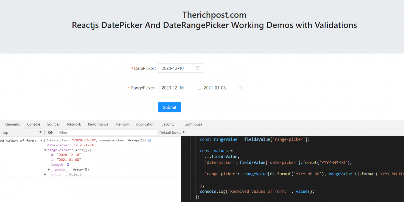 Reactjs Datepicker and Daterangepicker Working Demo with Validations