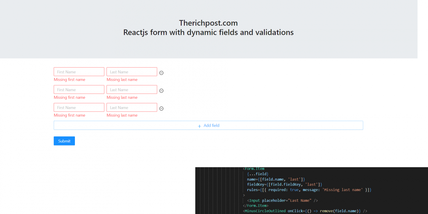 Reactjs Form with Dynamic Fields and Validations
