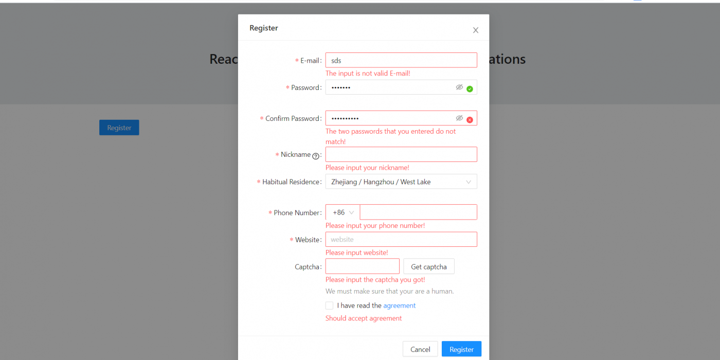 Reactjs Modal Popup Register Form with Validations