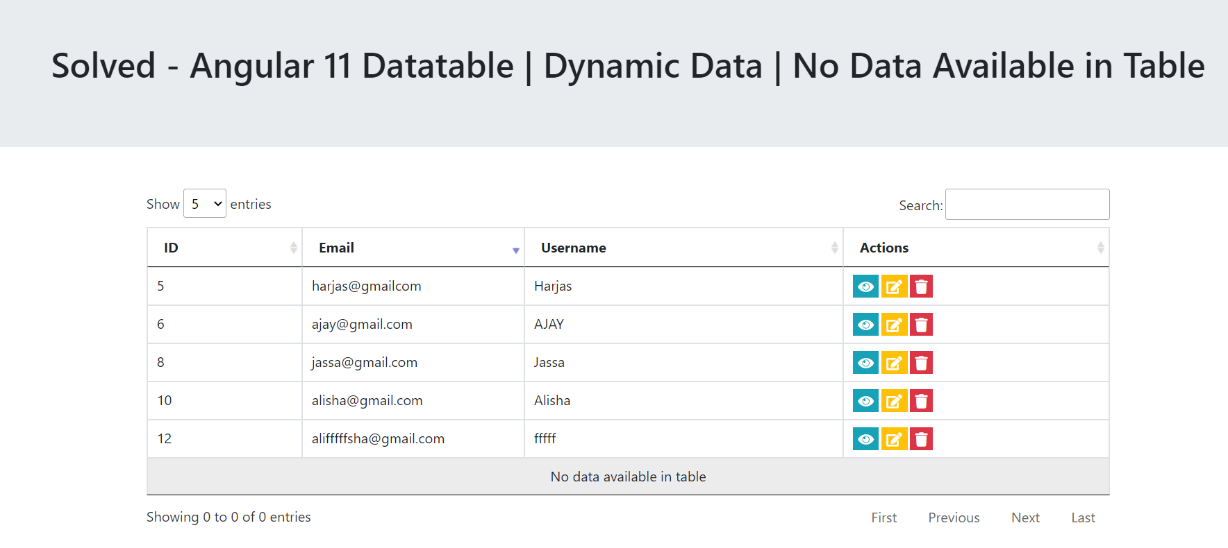 Solved - Angular 11 Datatable | Dynamic Data | No Data Available in Table