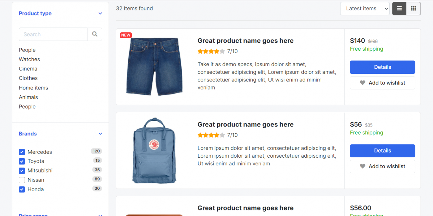 Reactjs Ecommerce Template Free – Product Listing Page List View