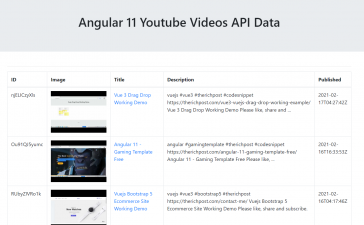 Angular 11 Bootstrap Table with YouTube Videos API Json Data