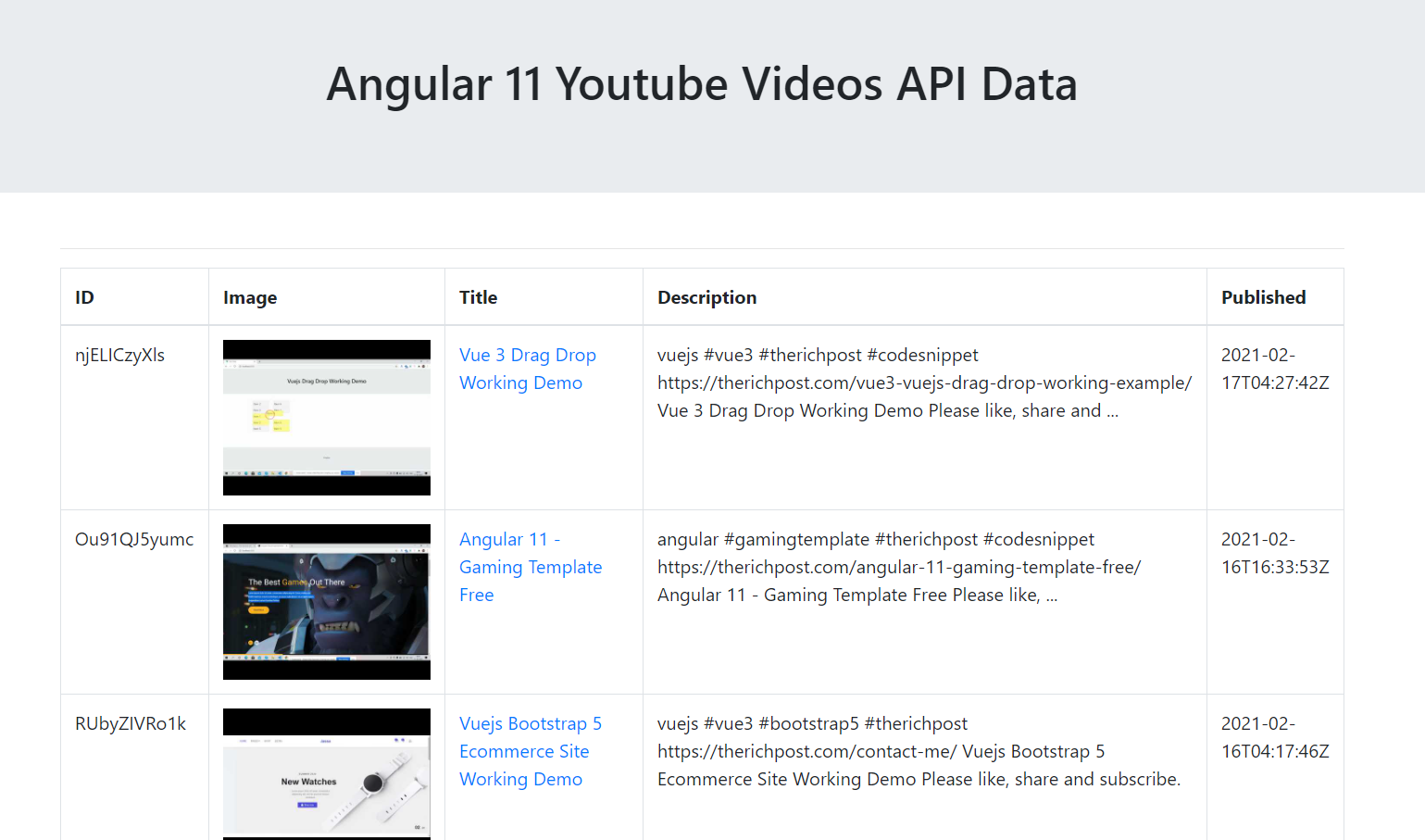 Angular 11 Bootstrap Table with YouTube Videos API Json Data