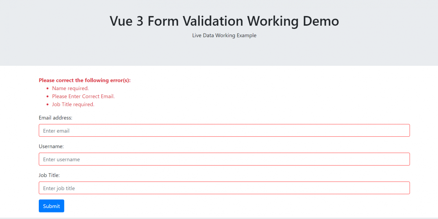 Vue 3 - Vuejs Form Validation Working Demo with Source Code