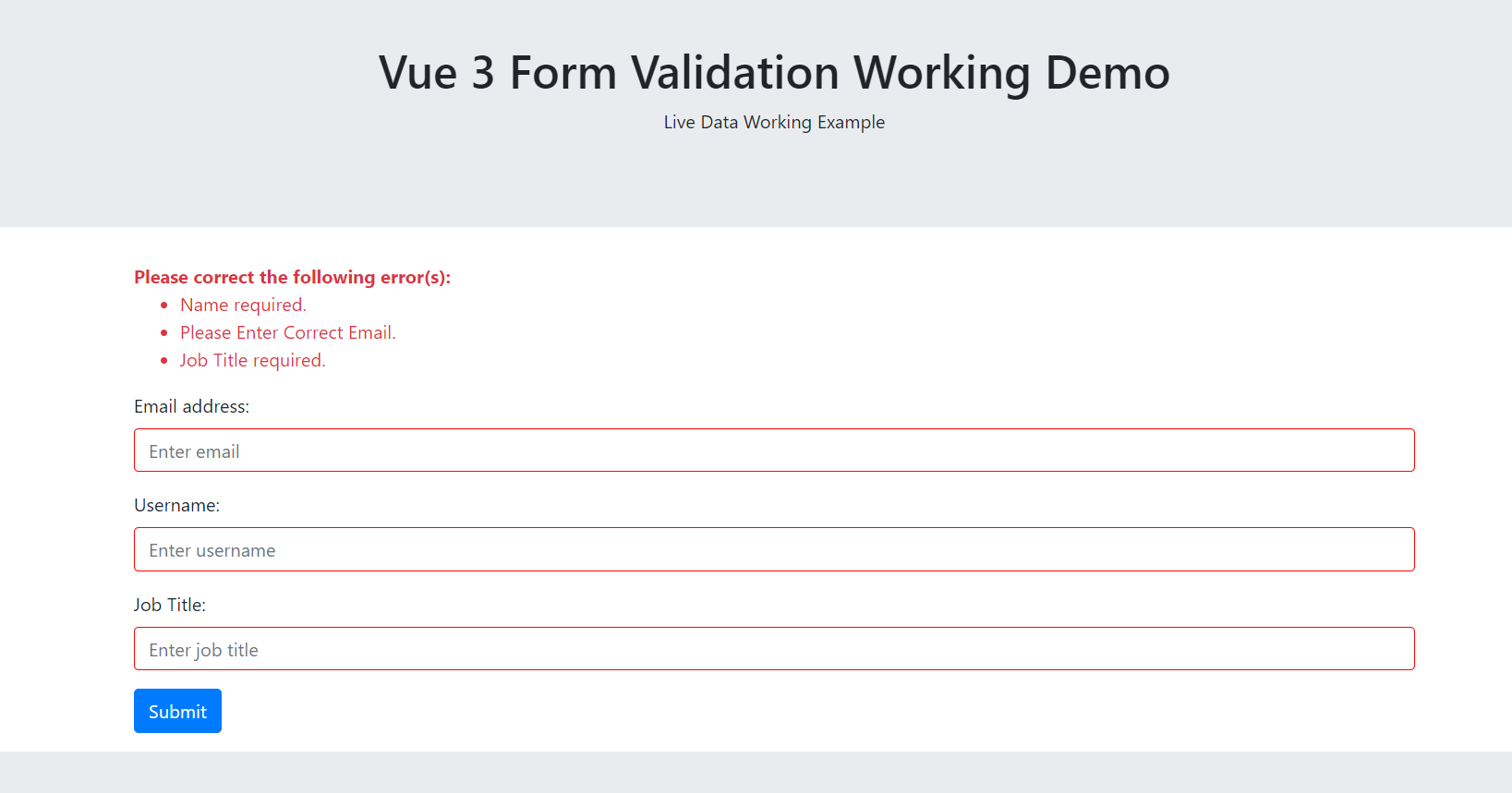 Vue 3 - Vuejs Form Validation Working Demo with Source Code