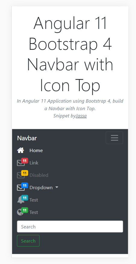 Angular 11 Bootstrap 4 Navbar with Icon Top Demo 2