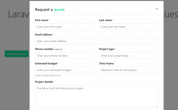Laravel 8 Bootstrap 4 Modal Popup Request a quote Form