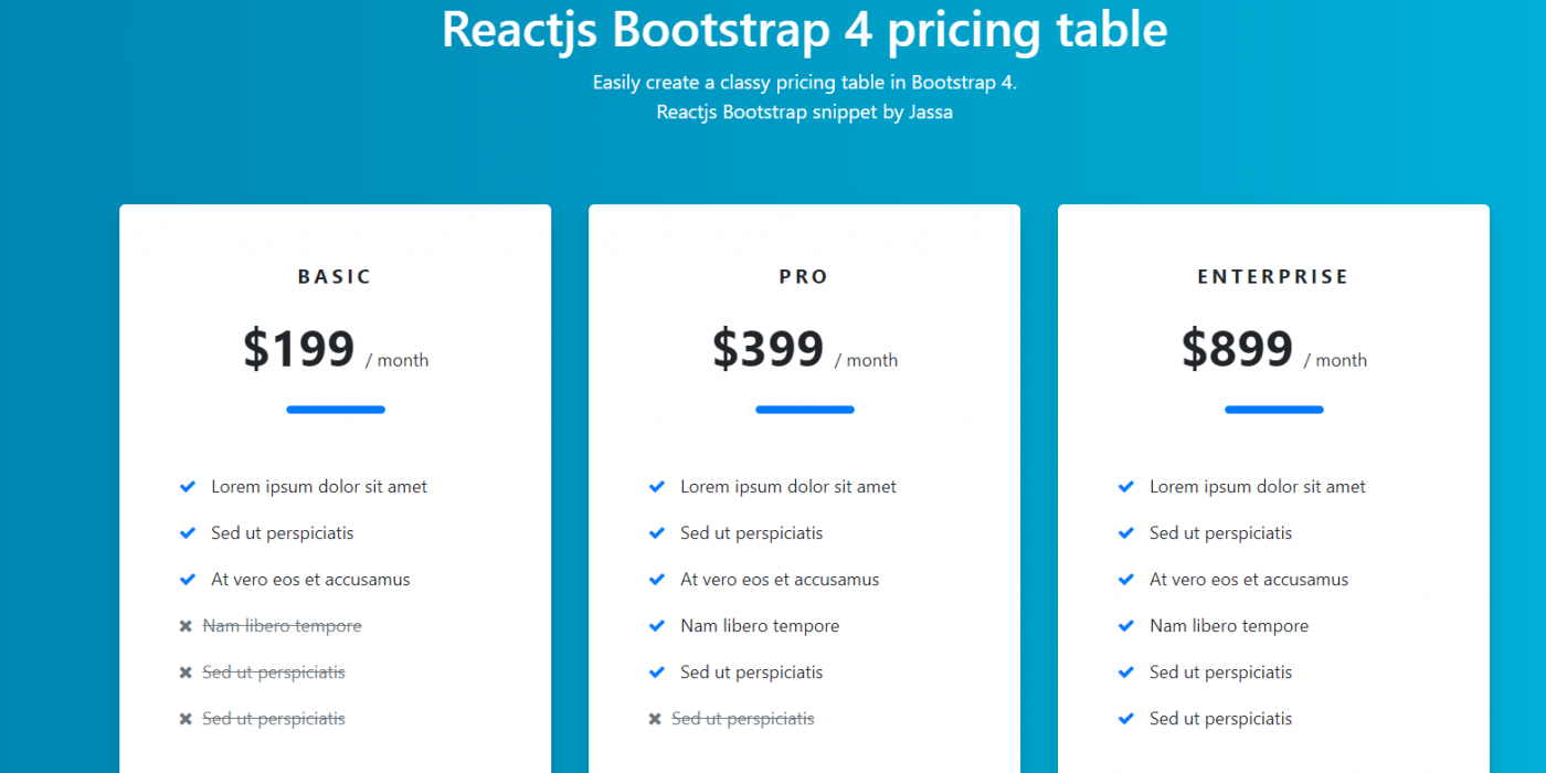 React Js Bootstrap 4 Responsive Pricing Table