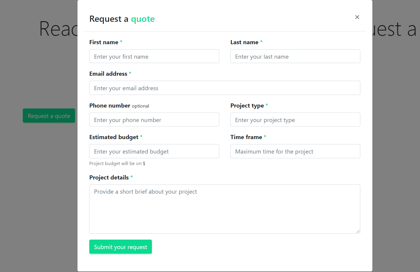Reactjs Bootstrap 4 Modal Popup Request a quote Form