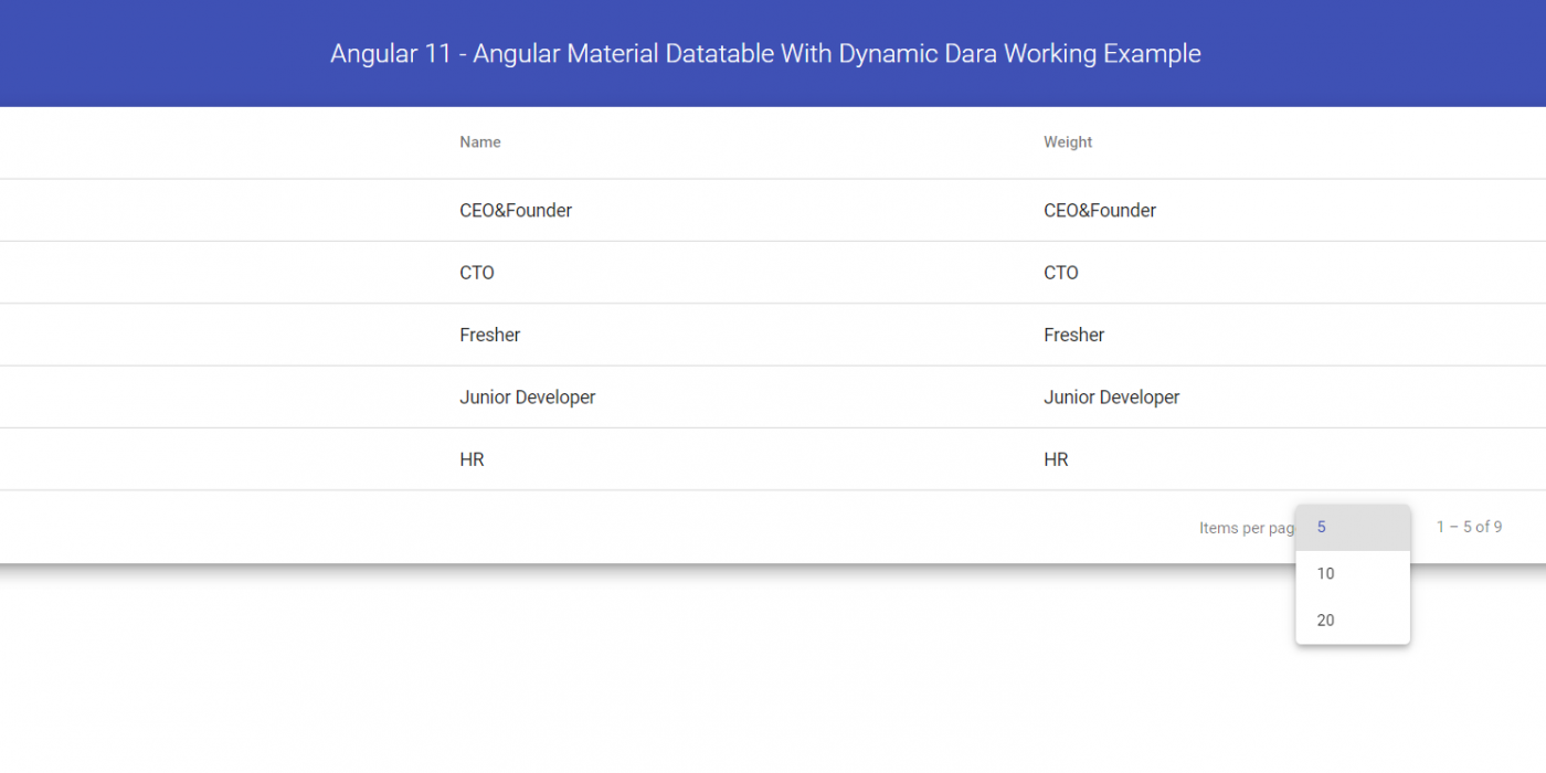 Angular 11 - Angular Material Data table with Dynamic Data