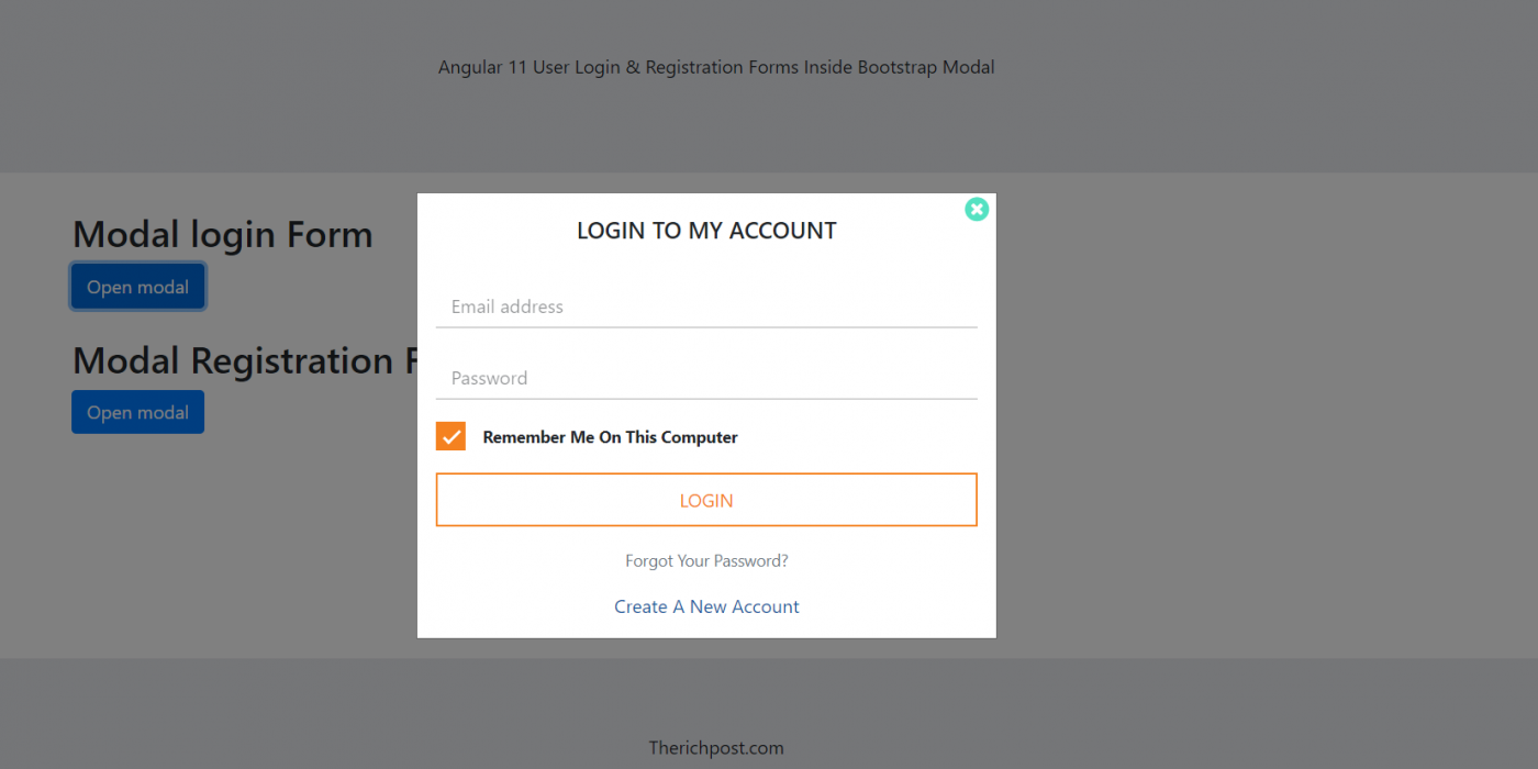 Angular 11 Login & Registration Forms inside Bootstrap Modal