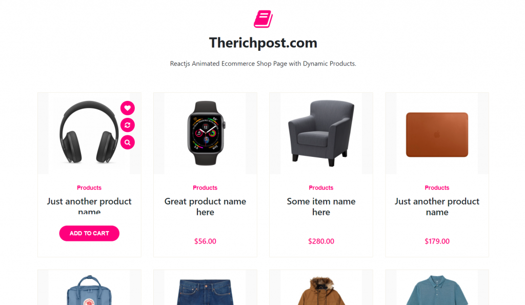 Reactjs Animated Ecommerce Shop Page with Dynamic Products