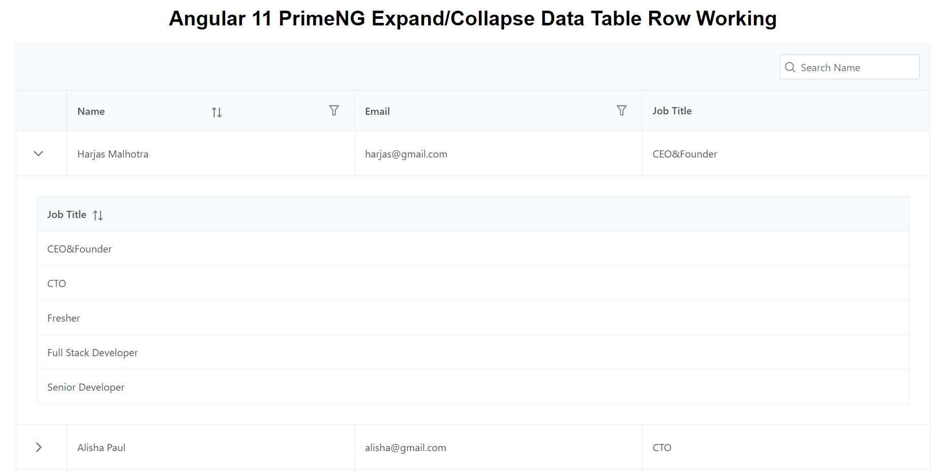 Glare Attentive Earth Angular 11 PrimeNG Expand Collapse Data Table Row Working Demo - Therichpost