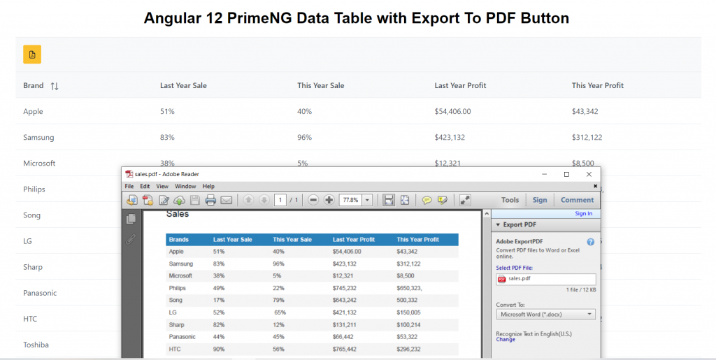 Angular 12 PrimeNG Data Table with Export to PDF Button