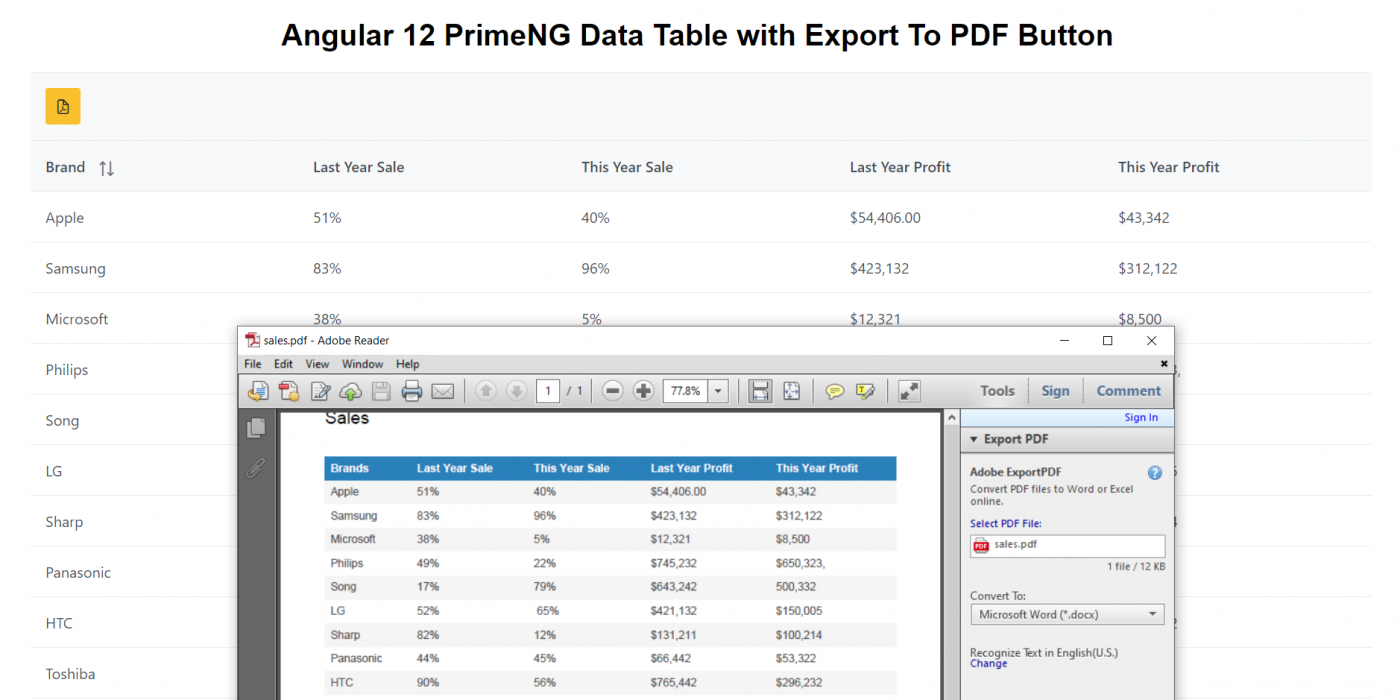 Angular 12 PrimeNG Data Table with Export to PDF Button