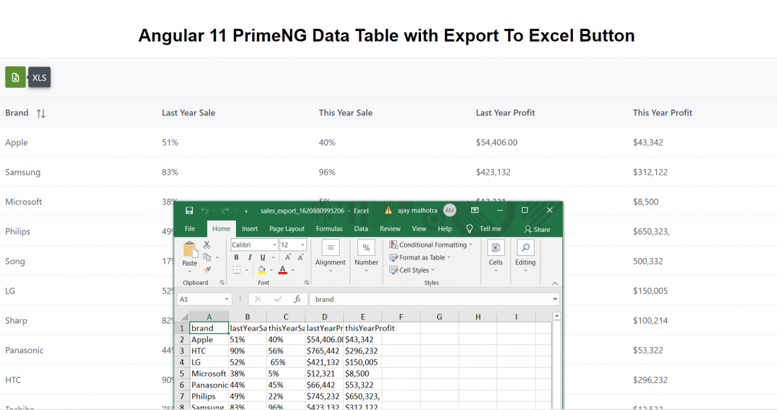 Angular 12&11 PrimeNG Data Table with Export to Excel Button Working