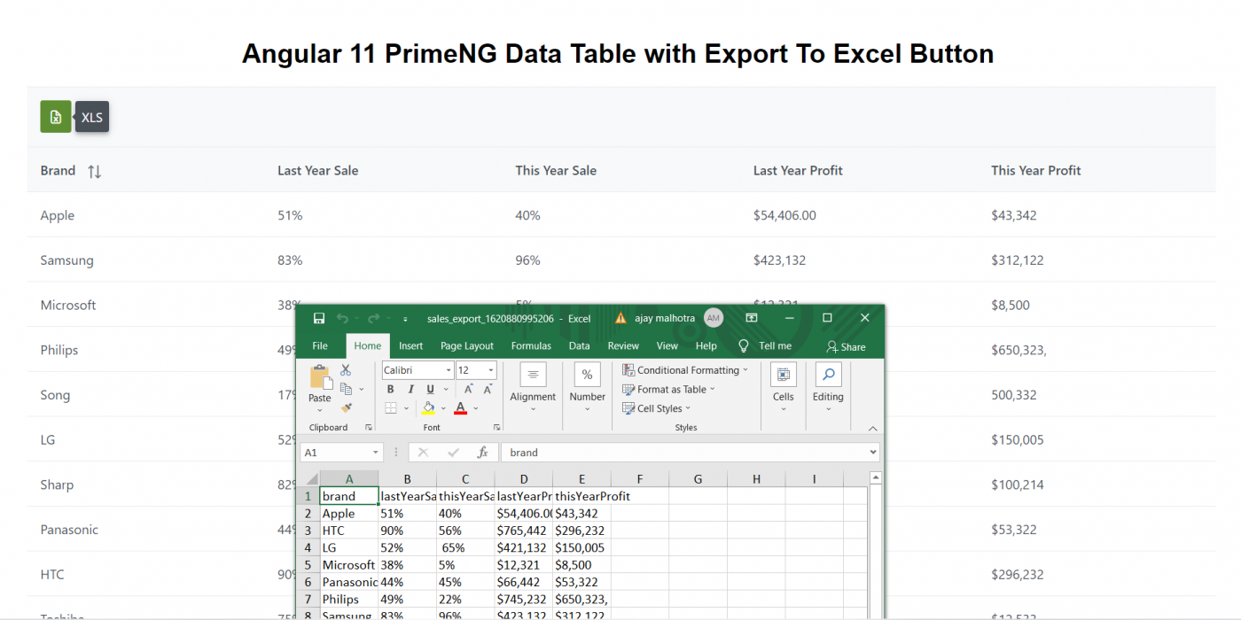 Angular 12&11 PrimeNG Data Table with Export to Excel Button Working