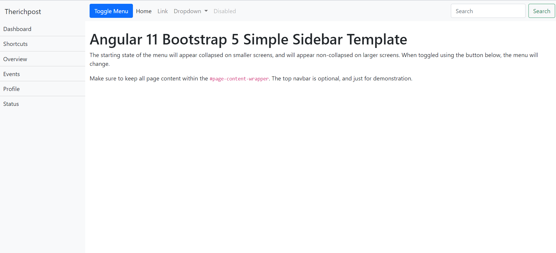 How to make simple sidebar template with Bootstrap 5 and Angular 11?