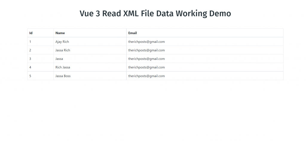 Vue 3 Read XML File Data Working Demo