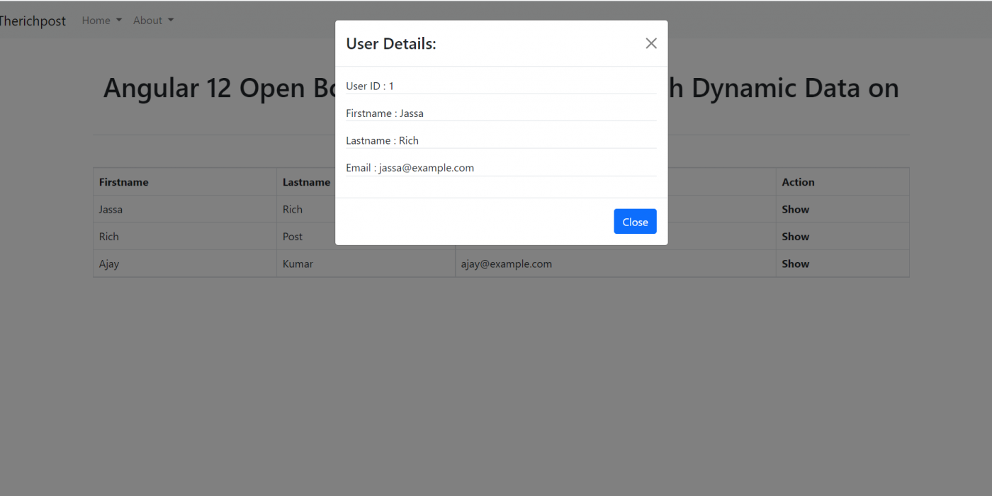 Angular 12 Open Bootstrap 5 Modal Popup with Dynamic Data on Button Click Table Row