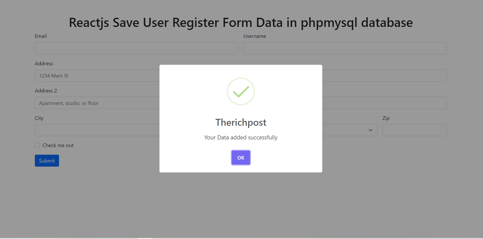 Reactjs Save User Register Form Data into PHP MySQL Database