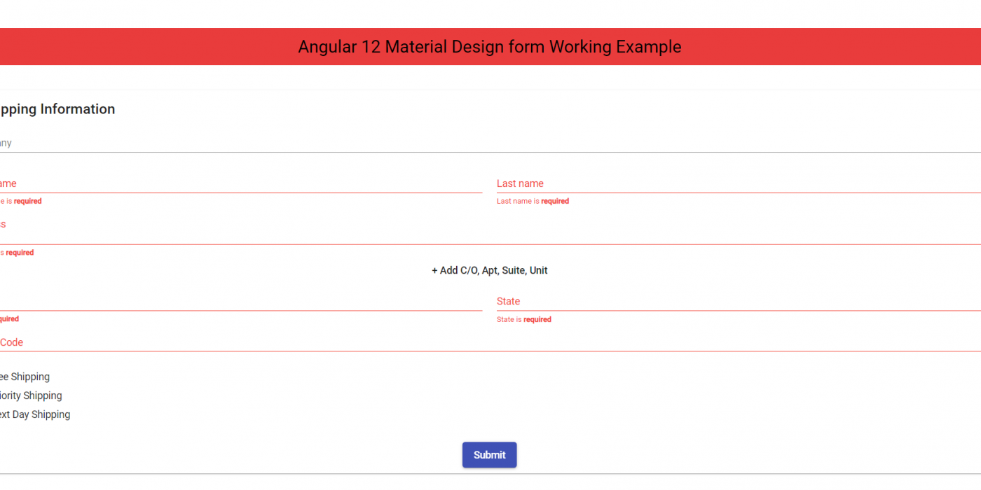 Angular 12 Material Design form Working Example