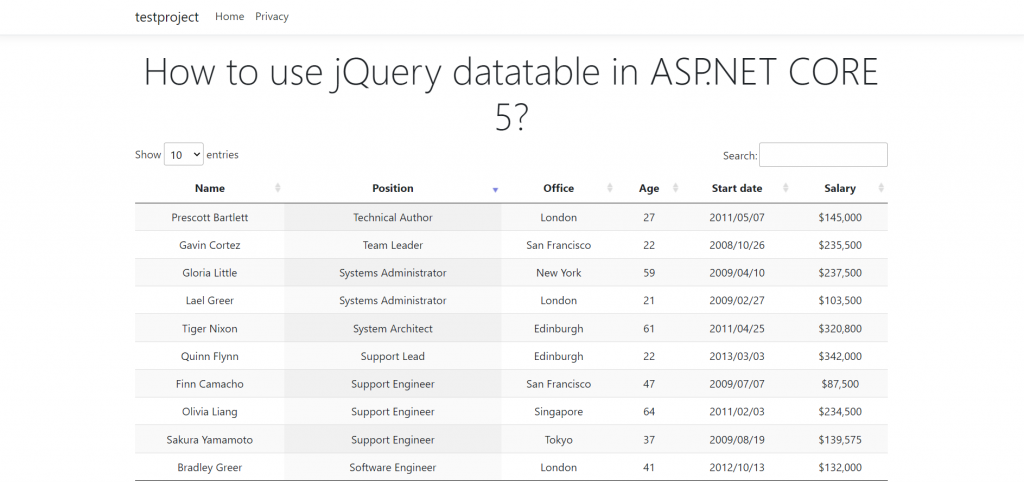 How to use jQuery Datatable in ASP.NET CORE 5?