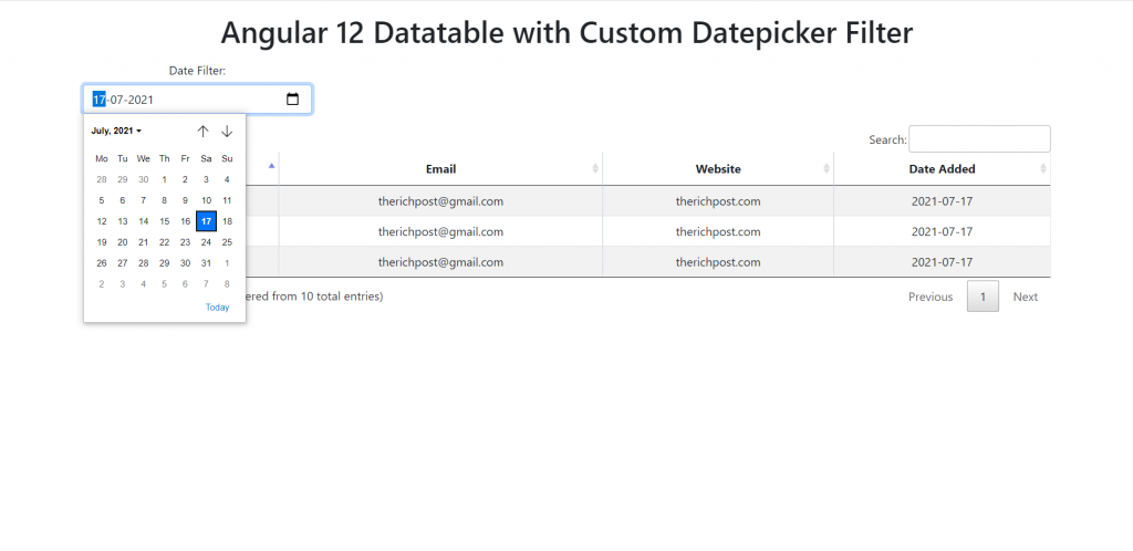 Angular 12 Datatable with custom DatePicker Filter